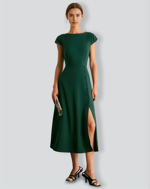 The Green Boat Neck Cutout Back Midi Dress
