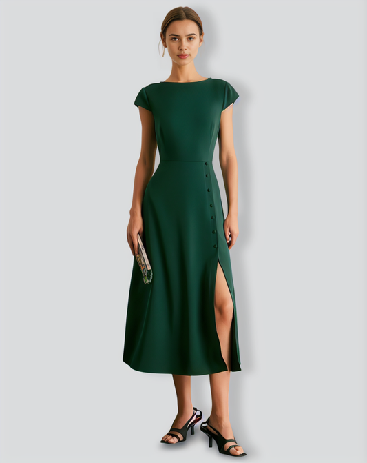 The Green Boat Neck Cutout Back Midi Dress