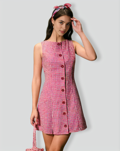 The Red Boat Neck Plaid Mini Dress