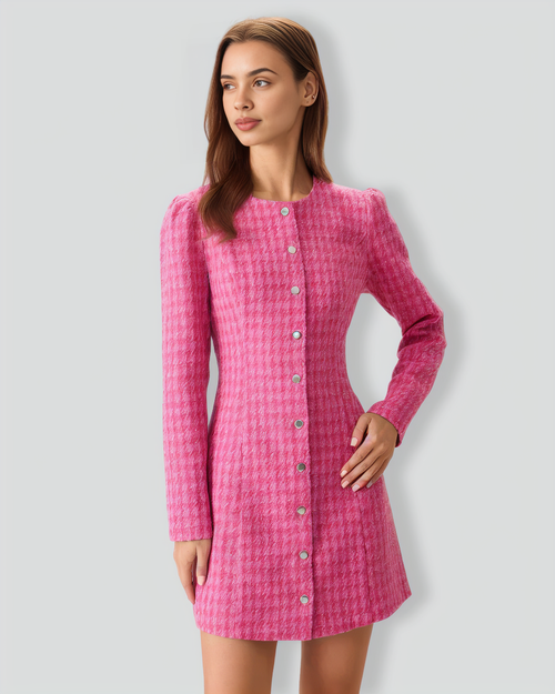 Women's Pink Single-breasted Tweed Mini Dress