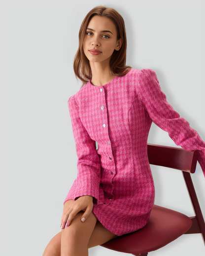 Women's Pink Single-breasted Tweed Mini Dress