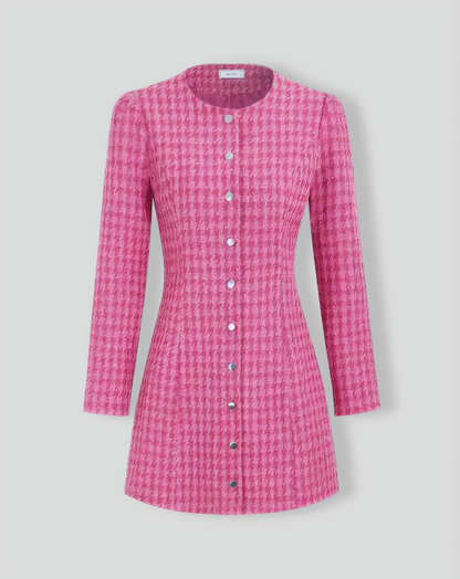 Women's Pink Single-breasted Tweed Mini Dress