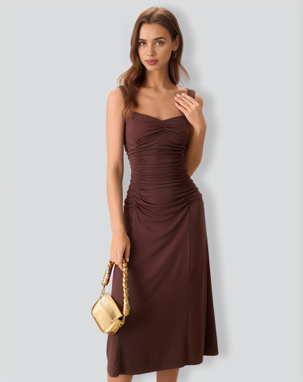 Women's Coffee Ruched Knitted Slip Midi Dress