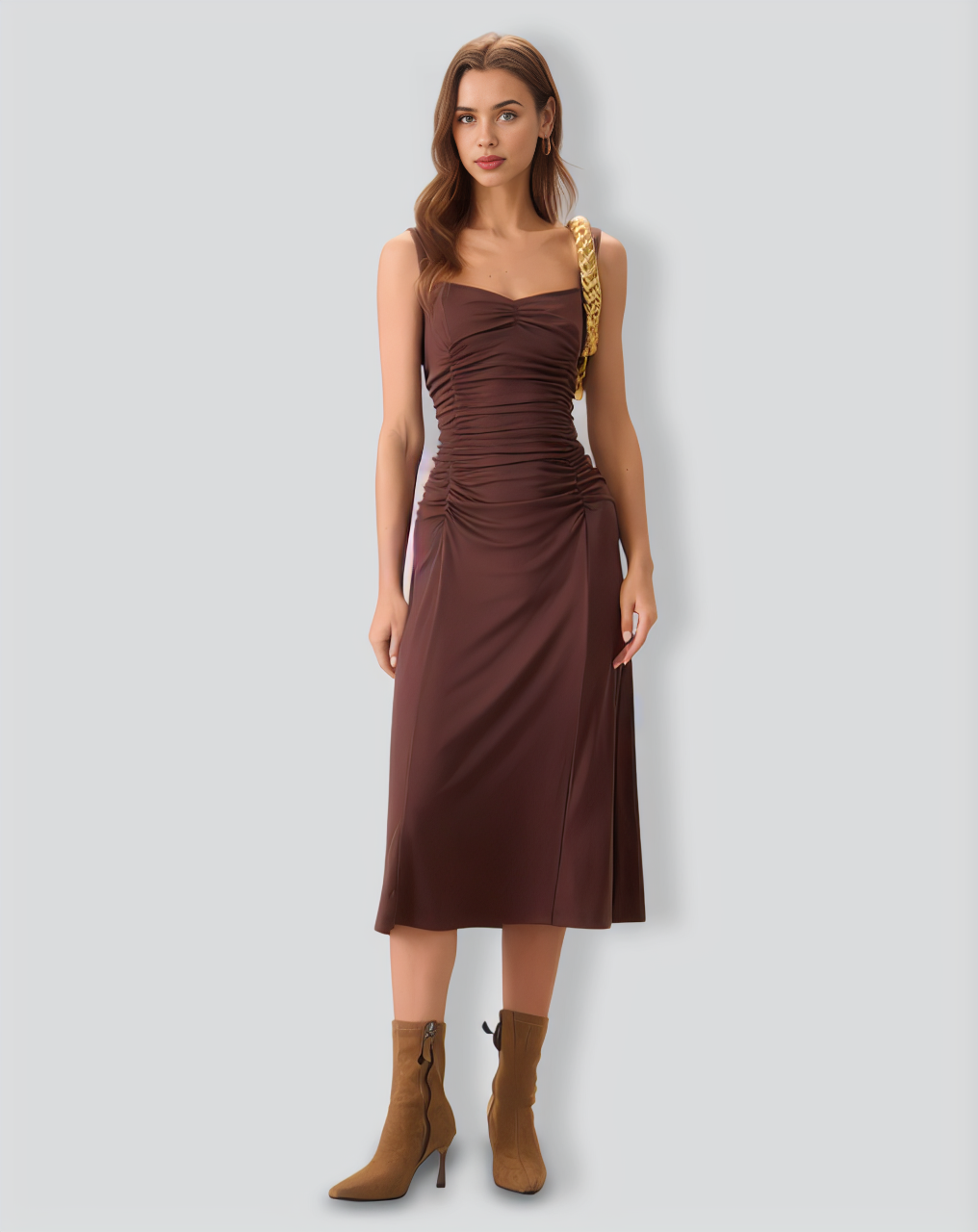 Women's Coffee Ruched Knitted Slip Midi Dress
