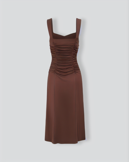 Women's Coffee Ruched Knitted Slip Midi Dress