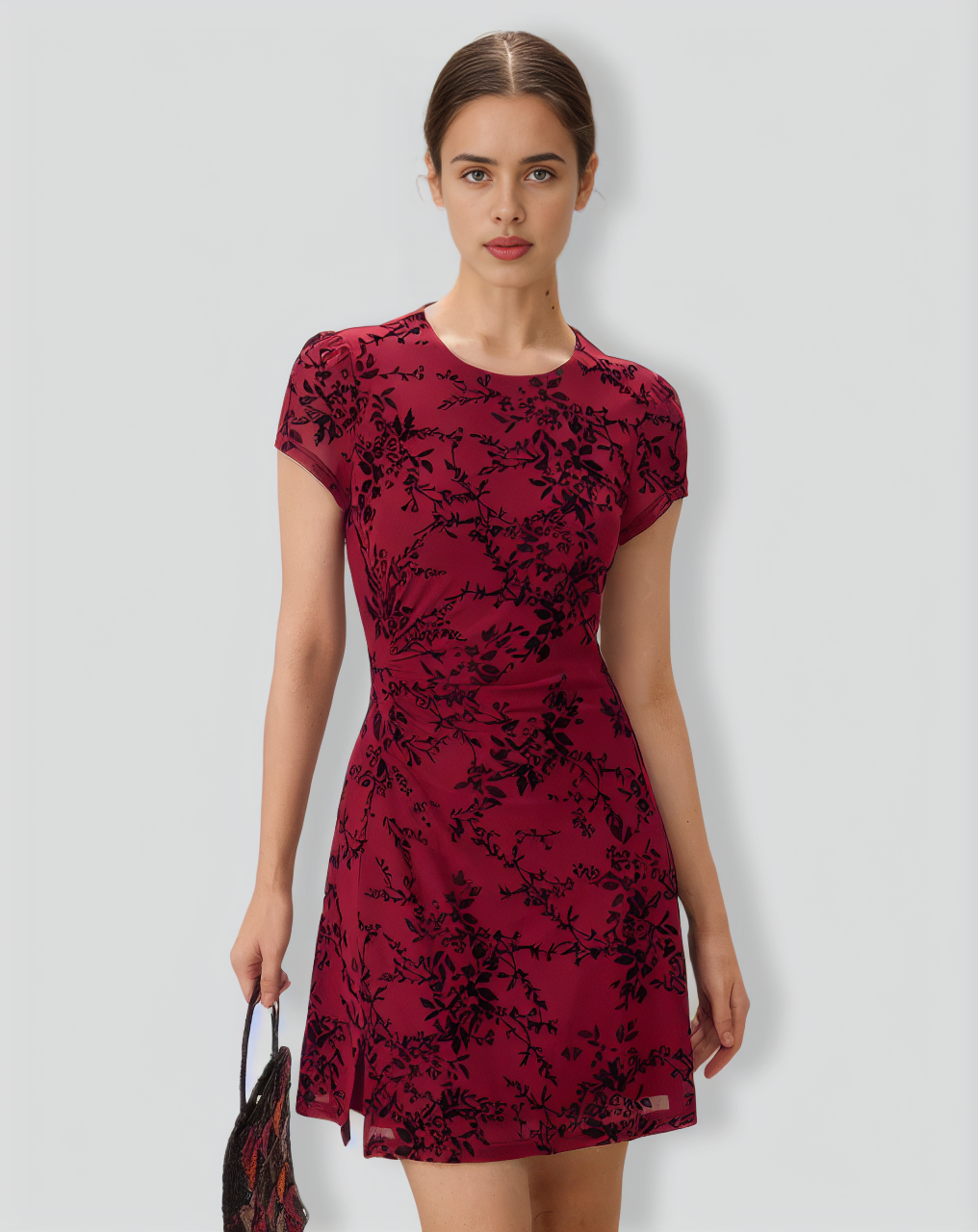 Red Floral Boat Neck Mini Dress