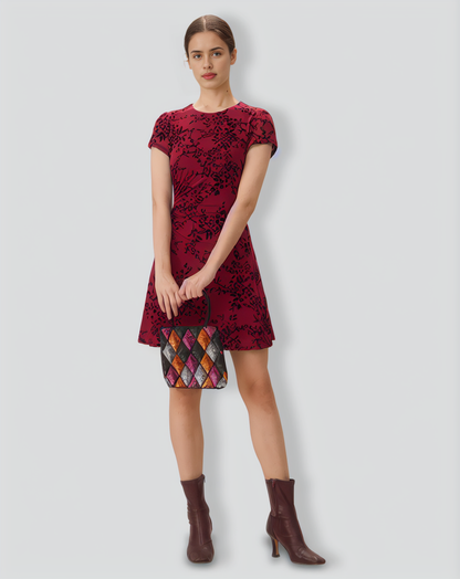 Red Floral Boat Neck Mini Dress