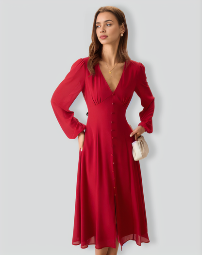 Women's Red V-Neck Puff Sleeve Slit Midi Dress