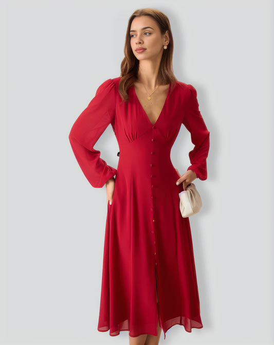 Women's Red V-Neck Puff Sleeve Slit Midi Dress