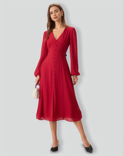 Women's Red V-Neck Puff Sleeve Slit Midi Dress