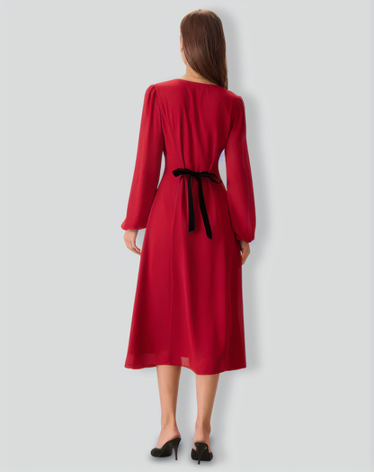 Women's Red V-Neck Puff Sleeve Slit Midi Dress