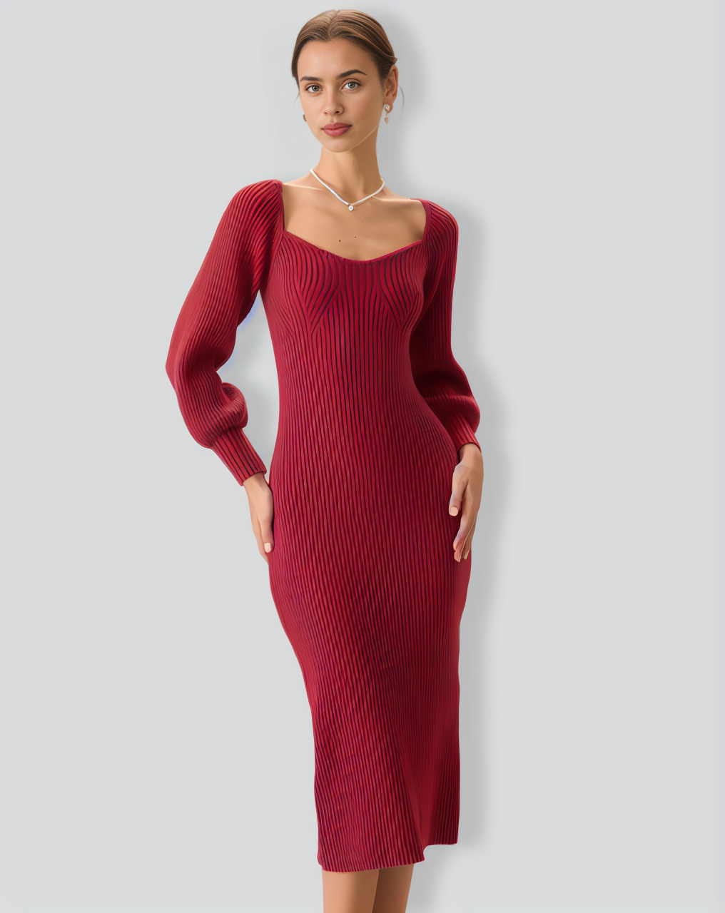 Women's Red Ribbed Knit Bodycon Sweater Dress