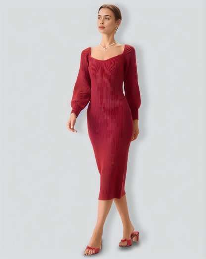 Women's Red Ribbed Knit Bodycon Sweater Dress