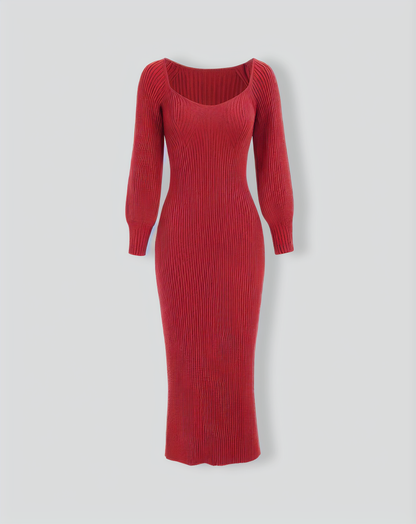 Women's Red Ribbed Knit Bodycon Sweater Dress