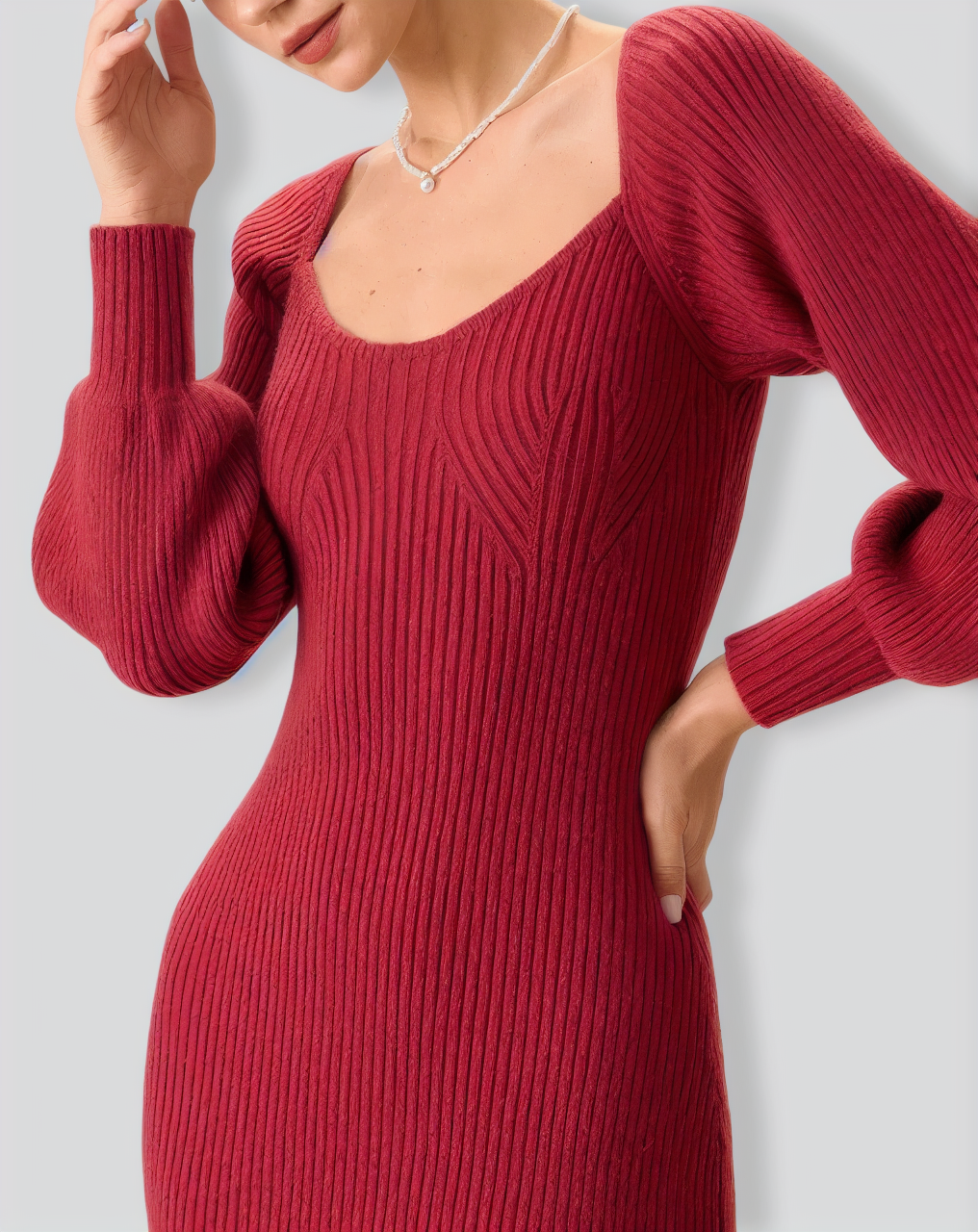 Women's Red Ribbed Knit Bodycon Sweater Dress
