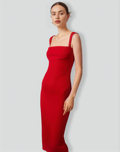 The Red Square Neck Ribbed Midi Dress