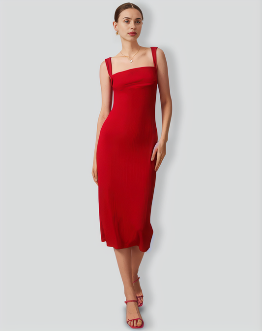The Red Square Neck Ribbed Midi Dress