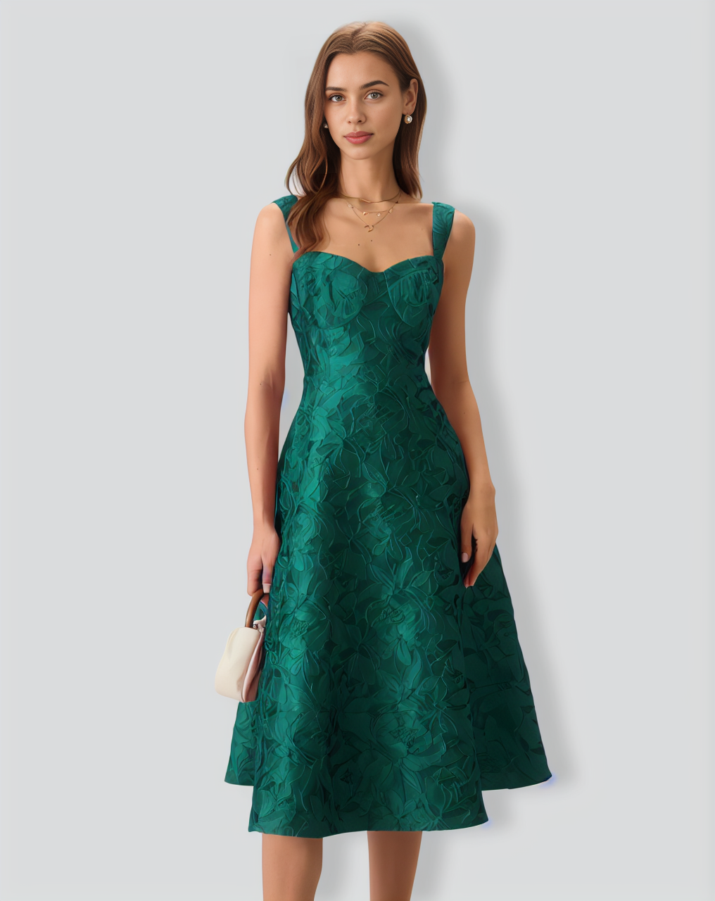 Green Sweetheart Neck Jacquard Midi Dress
