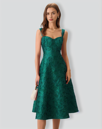 Green Sweetheart Neck Jacquard Midi Dress