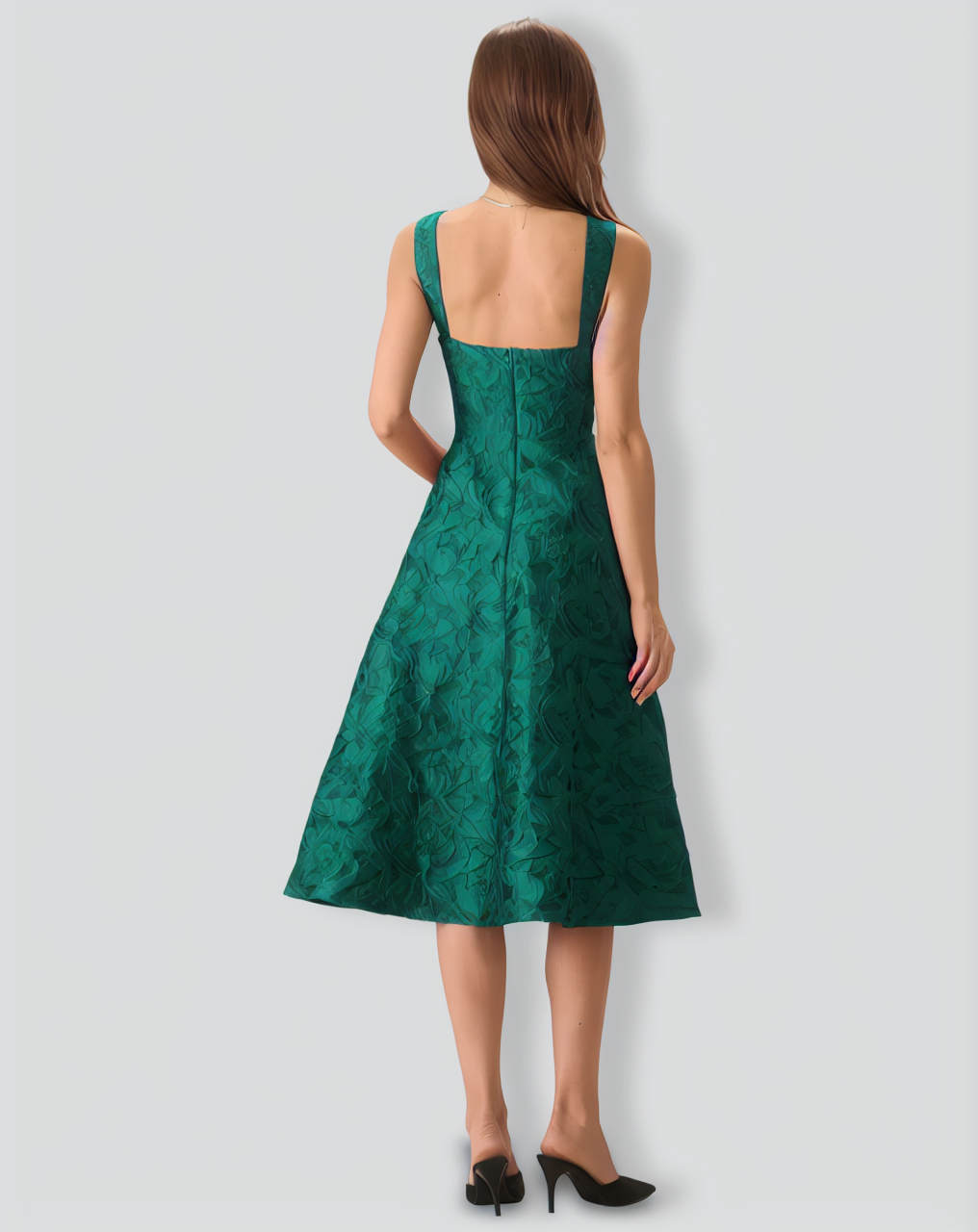 Green Sweetheart Neck Jacquard Midi Dress