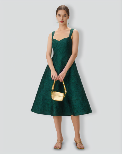 Green Sweetheart Neck Jacquard Midi Dress