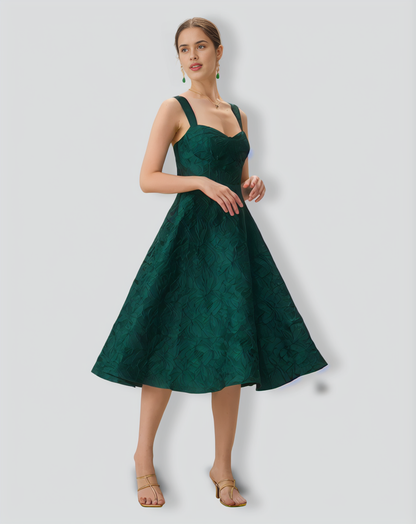 Green Sweetheart Neck Jacquard Midi Dress