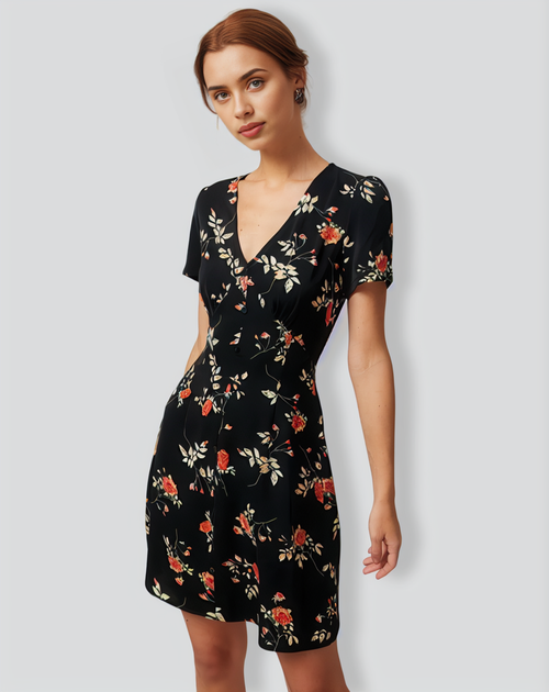 The Black V Neck Floral Button Up Mini Dress