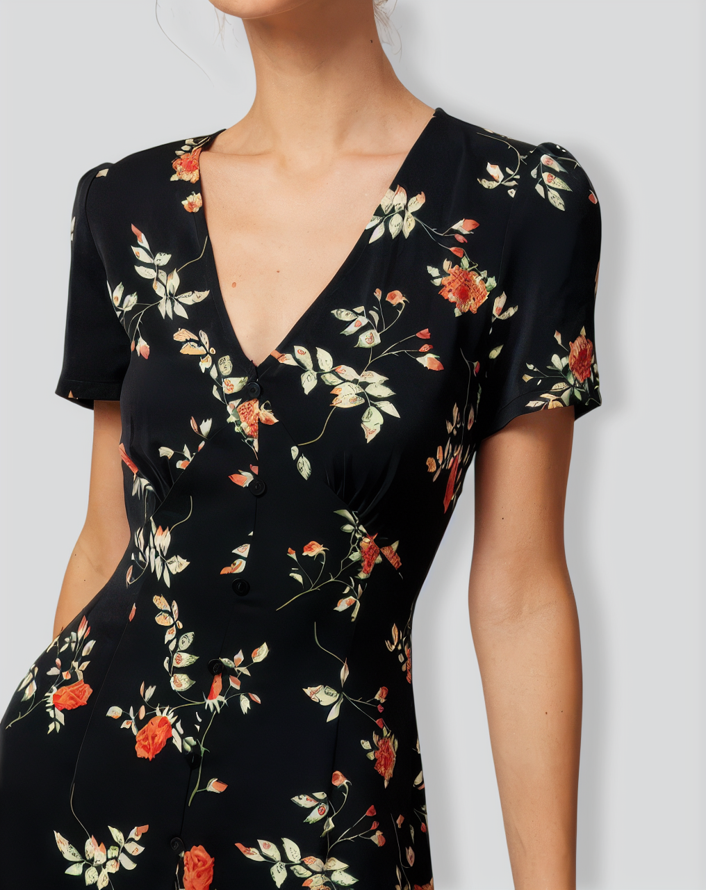 The Black V Neck Floral Button Up Mini Dress