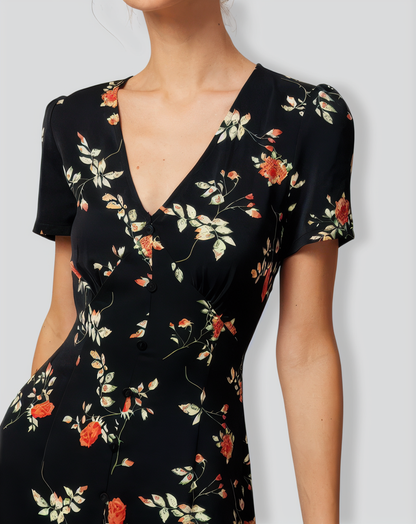 The Black V Neck Floral Button Up Mini Dress