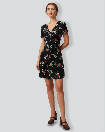 The Black V Neck Floral Button Up Mini Dress
