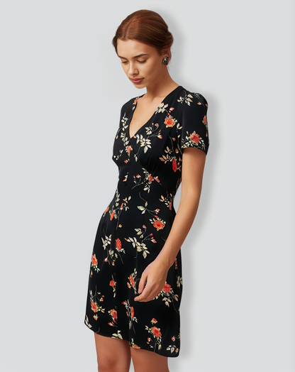 The Black V Neck Floral Button Up Mini Dress