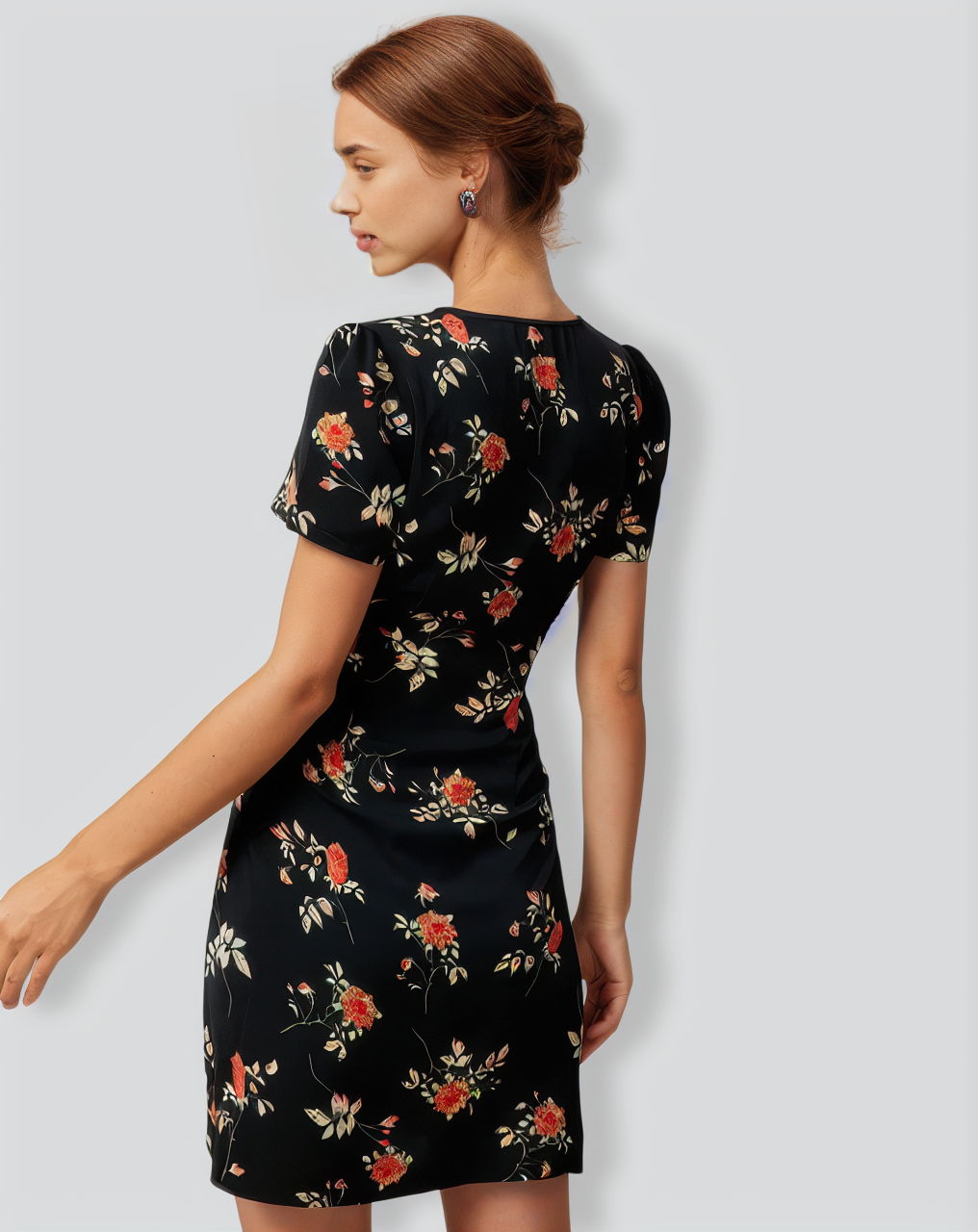 The Black V Neck Floral Button Up Mini Dress