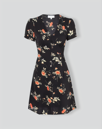 The Black V Neck Floral Button Up Mini Dress