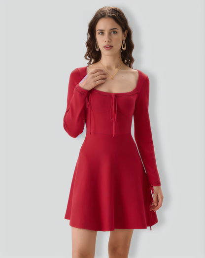Red Square Neck Sweater Mini Dress