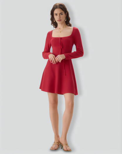 Red Square Neck Sweater Mini Dress