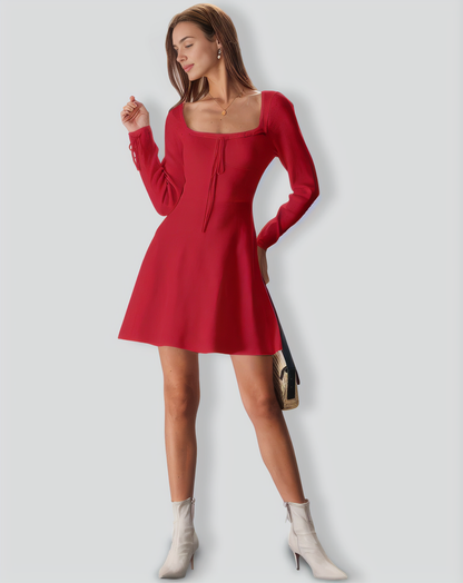Red Square Neck Sweater Mini Dress