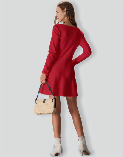 Red Square Neck Sweater Mini Dress