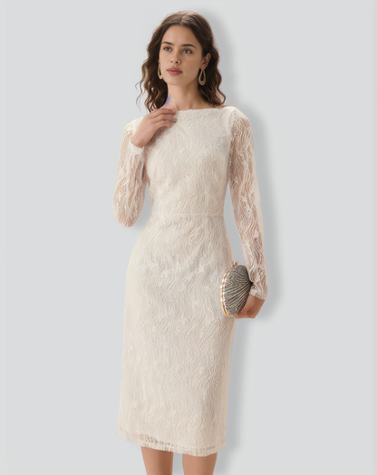 White Lace Boat Neck Slit Midi Dress