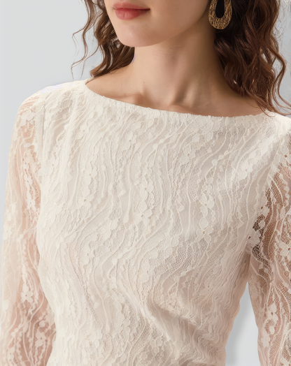 White Lace Boat Neck Slit Midi Dress