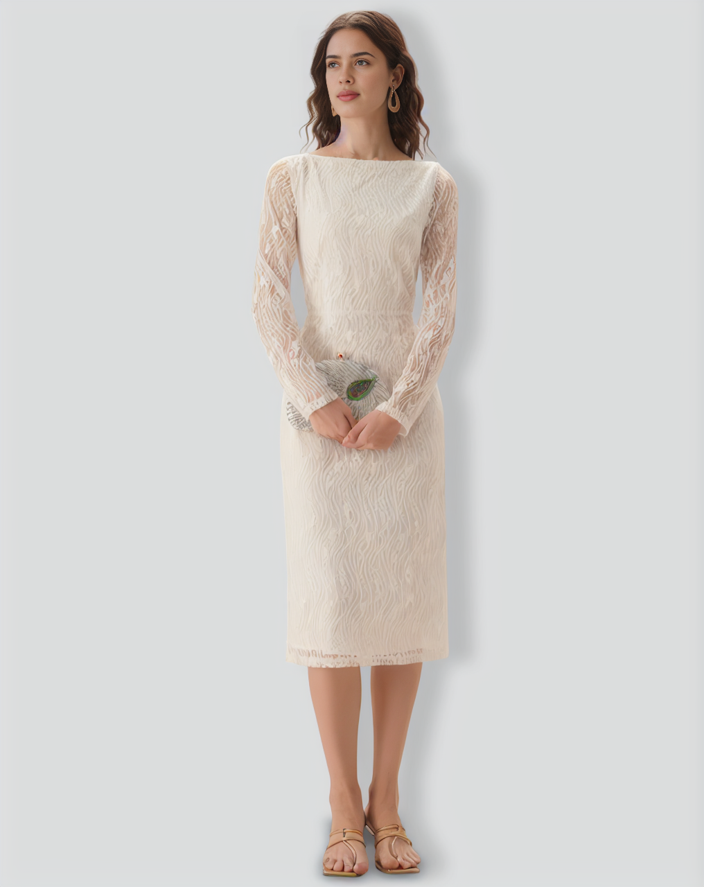 White Lace Boat Neck Slit Midi Dress