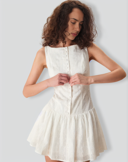 Women's White Boat Neck Jacquard Cotton Mini Dress