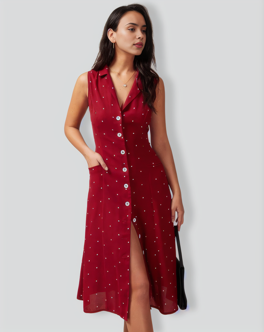 The Red V Neck Polka Dot Tie Back Midi Dress