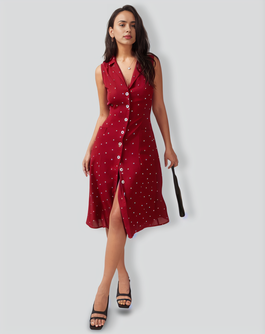 The Red V Neck Polka Dot Tie Back Midi Dress