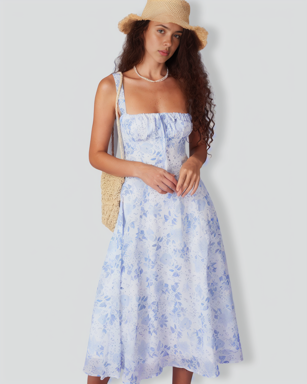 Blue Square Neck Floral Ruched Midi Dress