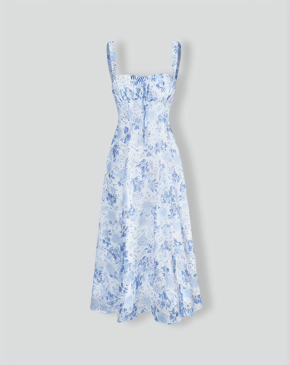 Blue Square Neck Floral Ruched Midi Dress