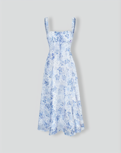 Blue Square Neck Floral Ruched Midi Dress