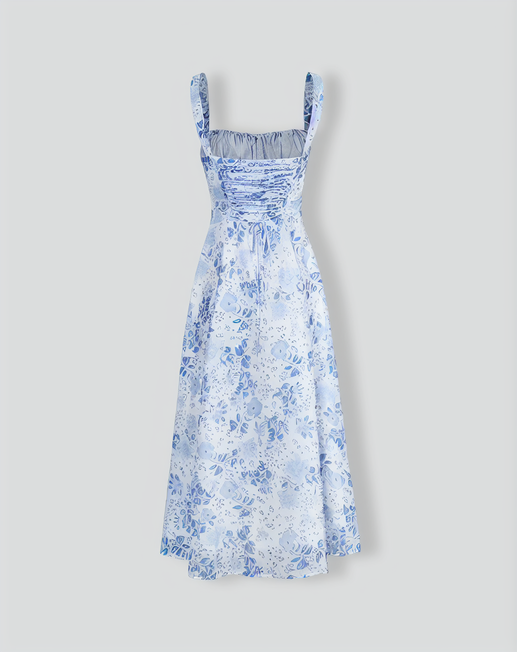 Blue Square Neck Floral Ruched Midi Dress