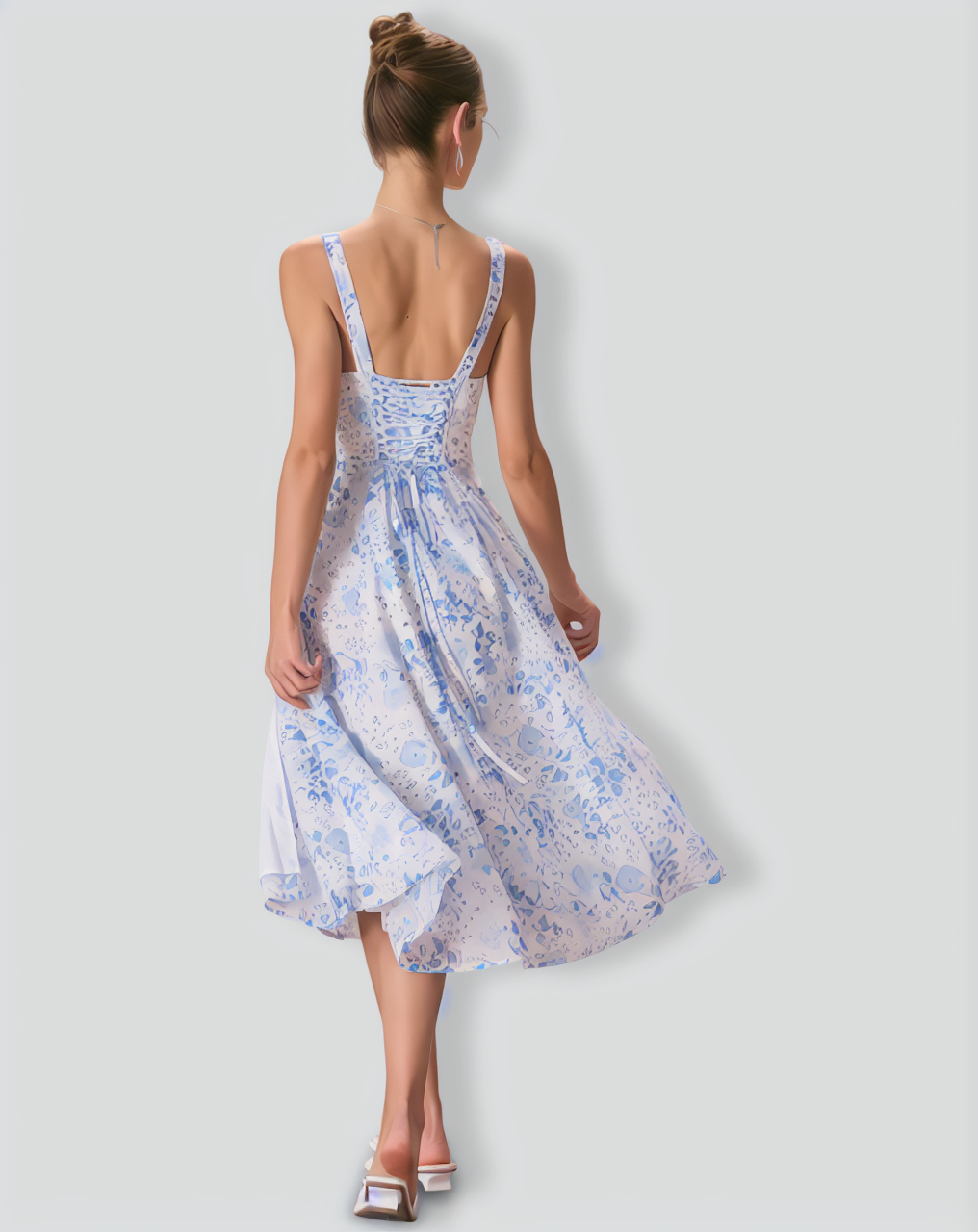 Blue Square Neck Floral Ruched Midi Dress