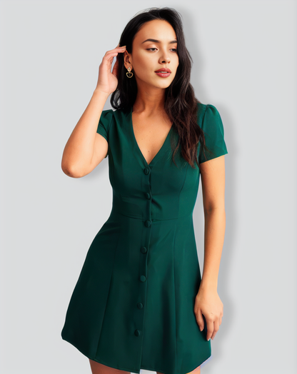 Dark Green V-Neck Button-up Shirt Mini Dress