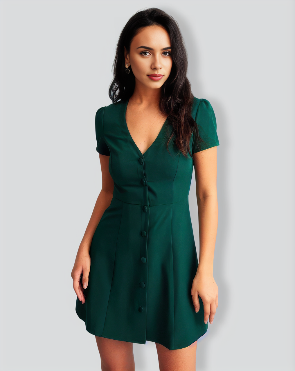 Dark Green V-Neck Button-up Shirt Mini Dress